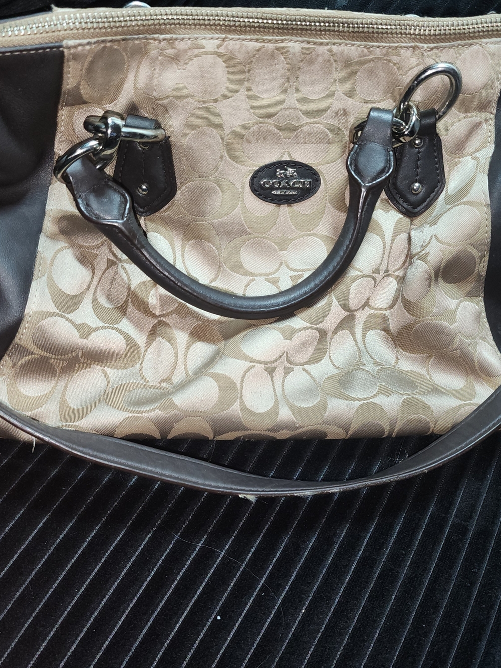 Coach Beige Signature Shoulder Bag with Brown Leather Trim
